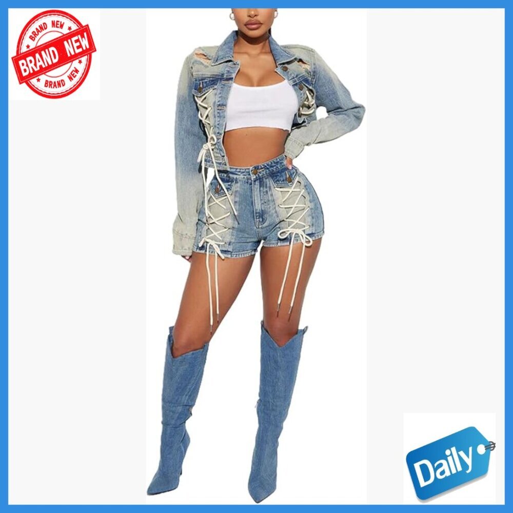 Long Sleeve Denim Set with Ripped Jacket and High Waist Shorts, Size L